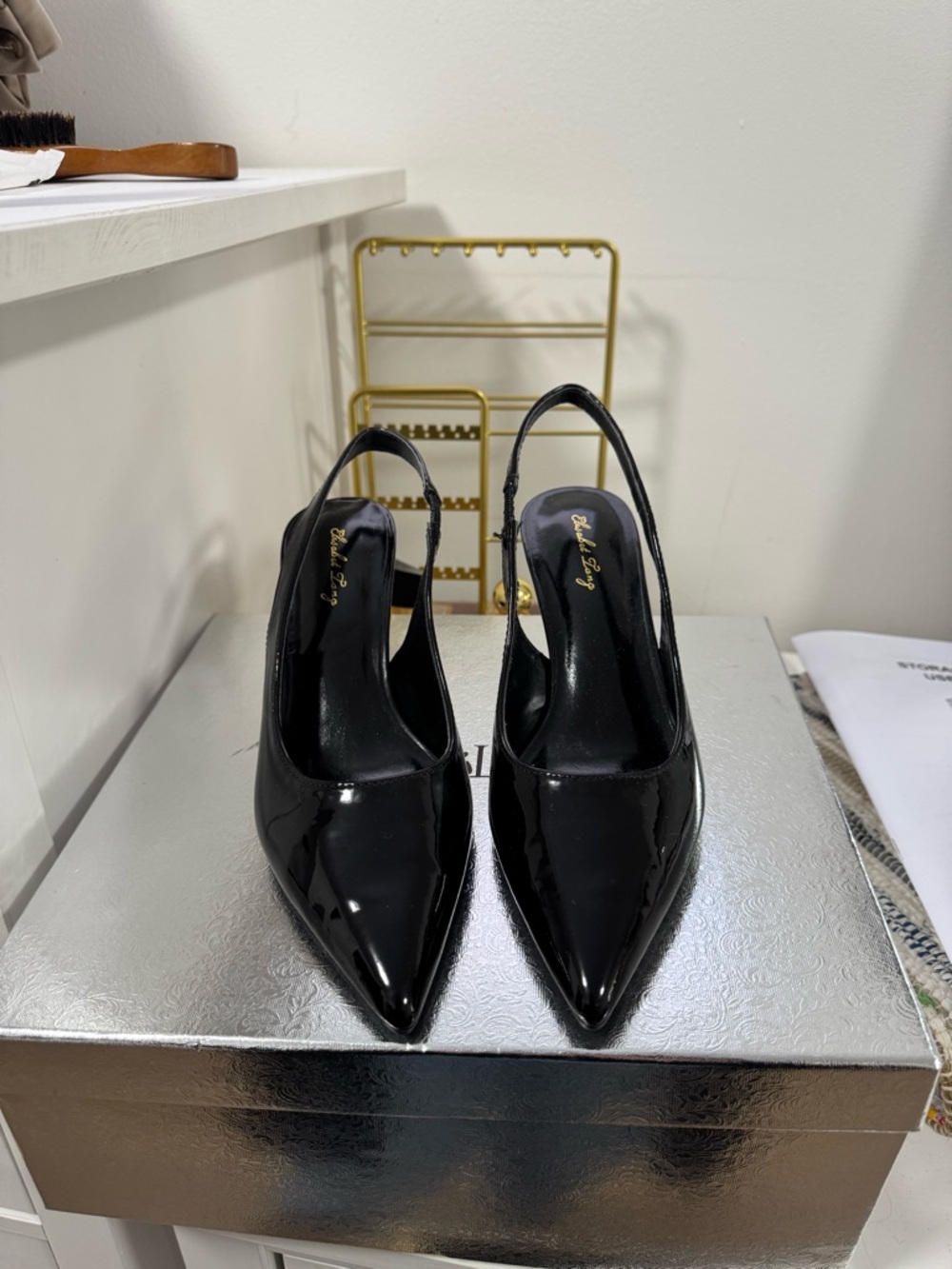 Black Patent Pointed-Toe Slingback Heels